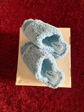 Privileged Light Blue Fuzzy Wedge Slides-Rave Ready